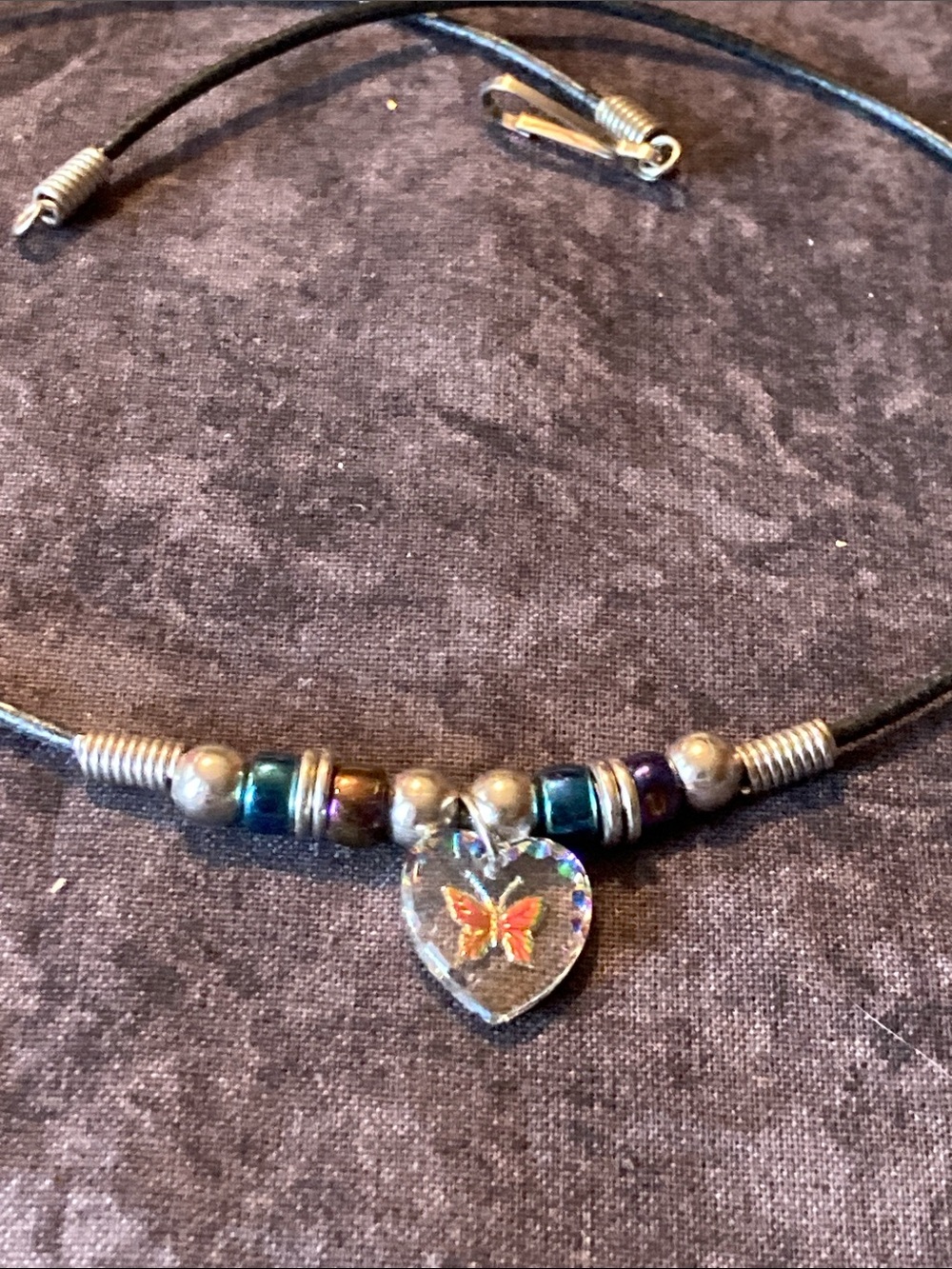 Handmade Black Cord Necklace with Iridescent Heart Butterfly Pendant